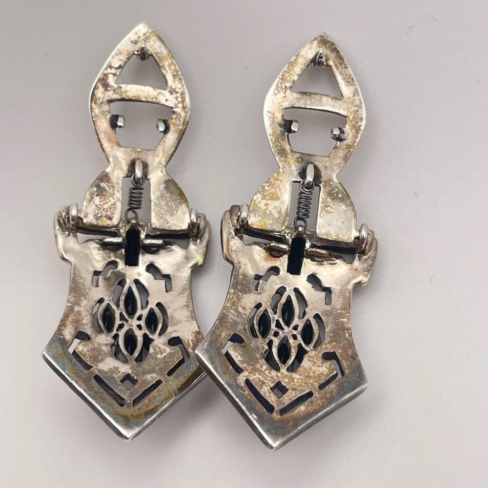 Vintage Art Deco Convertible Sterling Brooch Duette Dress Clip Set Black Crystal